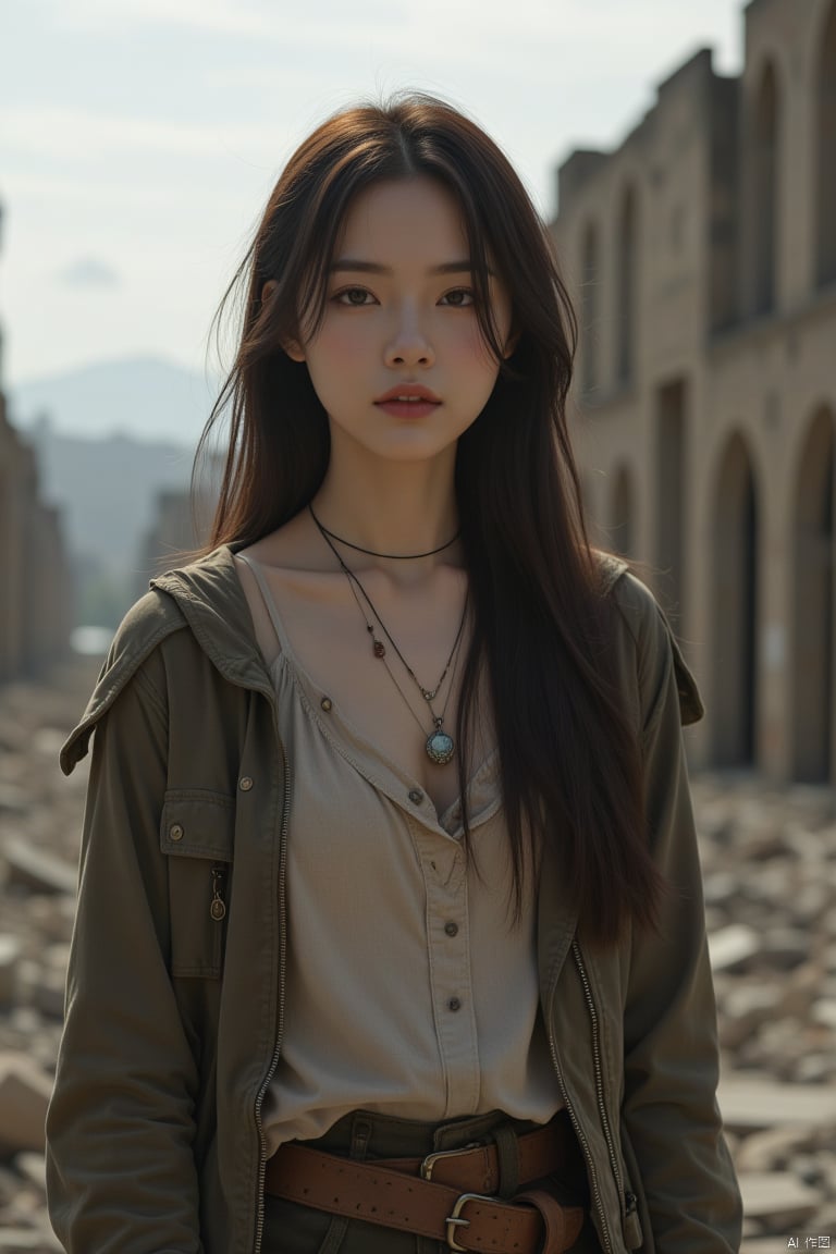 RAW photo,*subject*,(high detailed skin:1.2),8k uhd,dslr,soft lighting,high quality,film grain,Fujifilm XT3,RAW photo,a close up portrait photo of 26 y.o woman in wastelander clothes,long haircut,pale skin,slim body,background is city ruins,(high detailed skin:1.2),8k uhd,dslr,soft lighting,high quality,film grain,Fujifilm XT3,