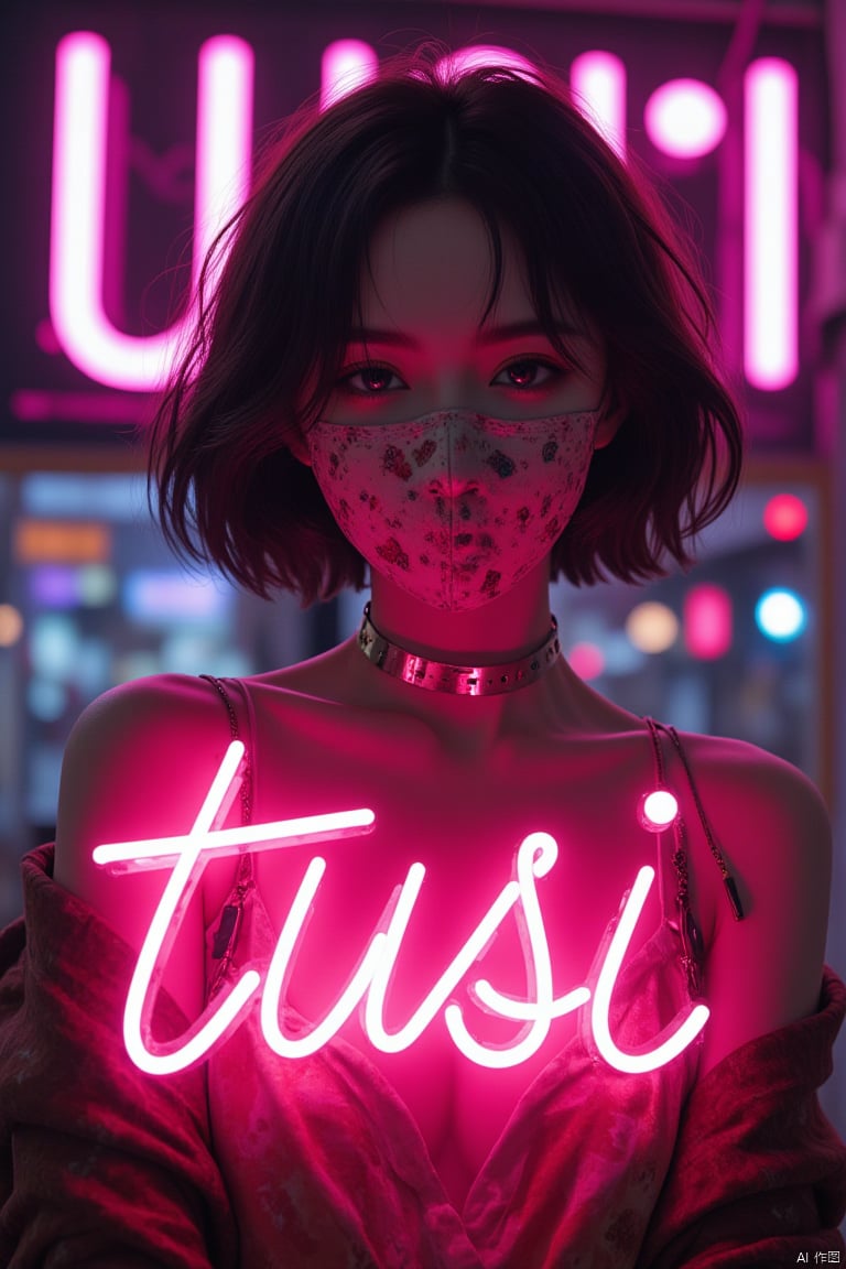 Masterpiece,(Best Quality),(cover design:1.2),young fashionable Chinese girl with short curly hair,Wearing a mask,girl holding a neon sign with neon word "tusi" on it,magazine cover,steampunk style,simple background,1girl