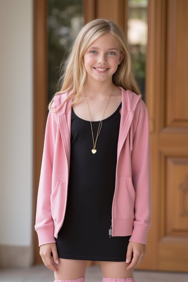 Professional photo. Indoors. A blonde 13 year old girl wearing a black low-cut top under a pink open hoodie and a short dress and frilly thighhighs. Around her neck is a golden heart necklace. She is smiling. Shallow depth of field. Professionally lit. Bokeh.