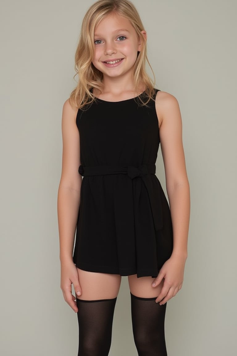 A blonde 13 year old girl wearing a short black dress and black thighhighs. She is smiling.