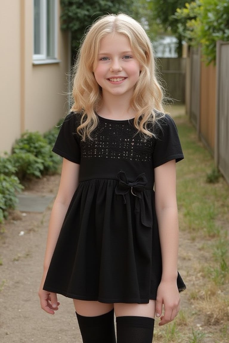 A blonde 13 year old girl wearing a short black dress and black thighhighs. She is smiling.