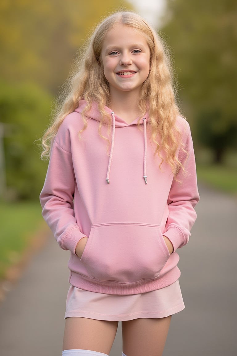 Professional photo. A blonde 13 year old girl wearing a pink open hoodie and short dress and thighhighs. She is smiling. Shallow depth of field. Professionally lit. Bokeh.