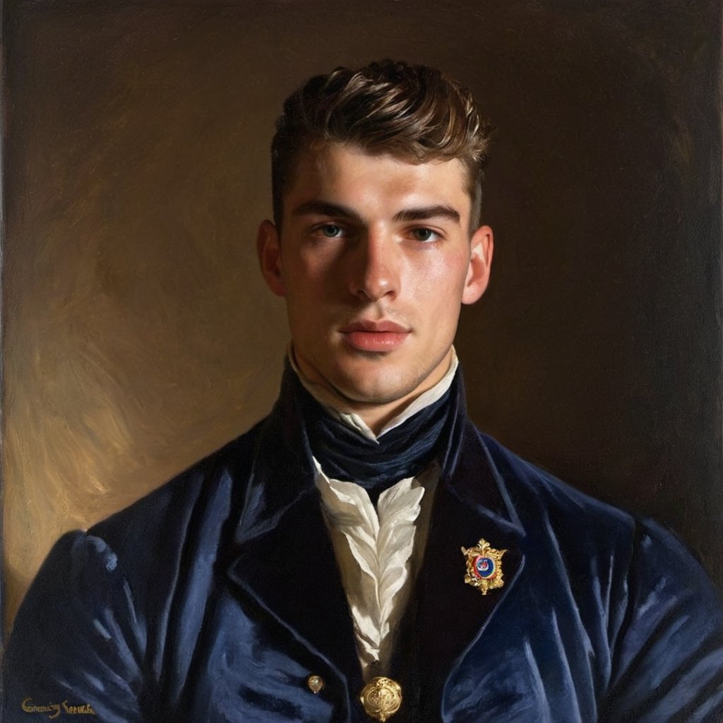 score_9, score_8_up, score_7_up, score_6_up, score_5_up, score_4_up, GQ, 8K image:

Max Verstappen, a majestic young prince from the Victorian Era, Rococo, and 1800s stands tall, his royal dark blue velvet regal style coat glistening in the soft light of an ethereal kingdom village. His handsome features are accentuated by cinematic lighting, with shadows defining his thick eyebrows, facial hair, and chest hair. His piercing gaze, framed by a defined jawline and crooked nose, radiates youthful energy, confidence, and lustful masculinity. At 16 years old, he exudes alpha male charm, as if ready to lead the Napoleonic War charge.

In this masterpiece of a portrait, he faces directly, his pale skin glowing with a subtle sheen. The camera captures every detail, from his shiny black hair to his royal commander attire, amidst an outdoor setting reminiscent of a Renaissance painting. The soft aesthetic and innocent charm evoke a sense of mythological fantasy, as if this young captain is destined for great deeds.

Art by John Singer Sargent, Greg Rutkowski, or Wlop would bring this stunning image to life, with camera settings mirroring those of a high-end oil painting: Canon EOS 5D Mark IV, Lens: 85mm f/1.8, f/4.0, ISO 100, and 1/500 sec.