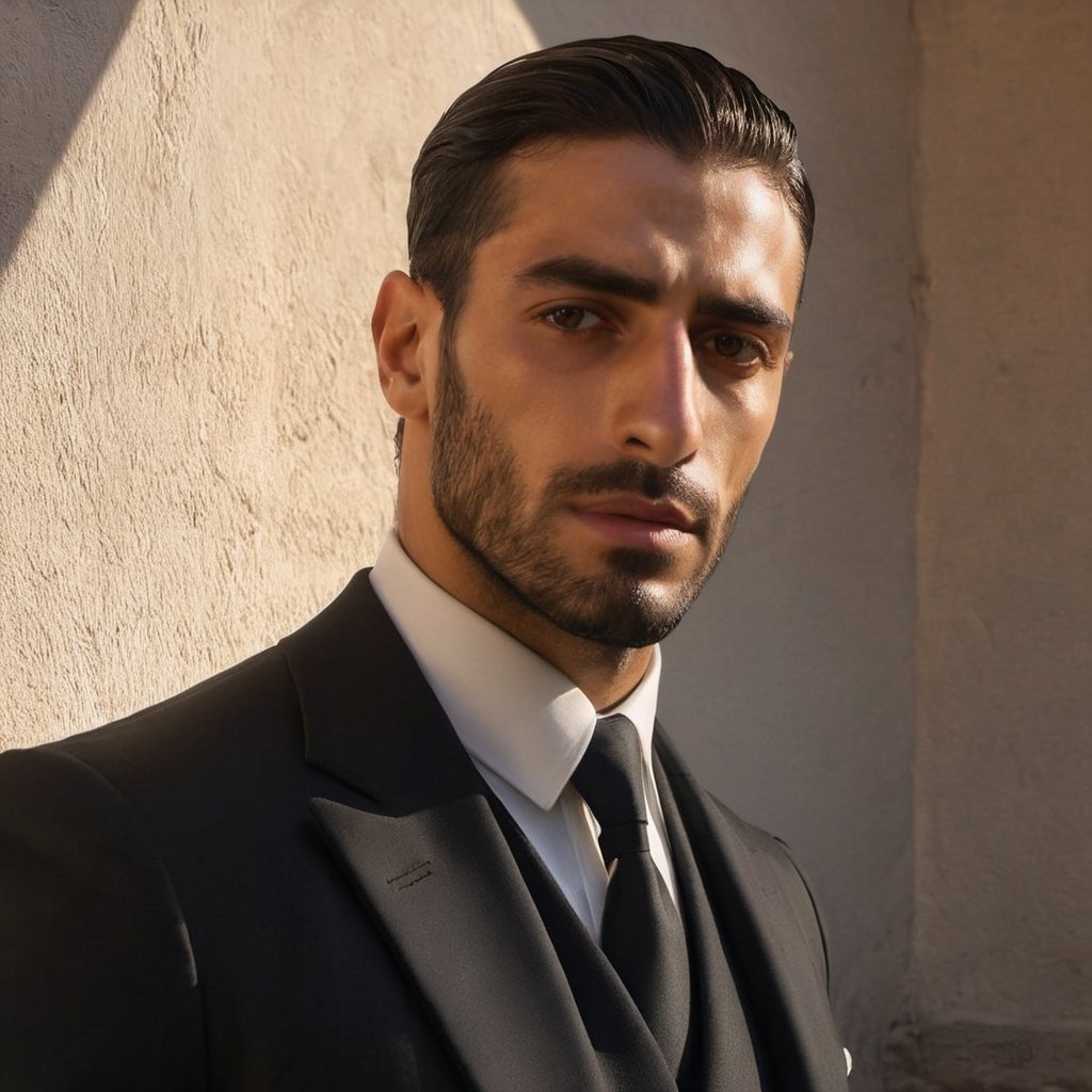 handsome italian mafia man, wearing black suit and tie, italian thug, city living, realistic, photorealistic, 8k, cinematic lighting, very dramatic, European man, soft aesthetic, innocent, art by john singer sargent, greg rutkowski, handsome Italian, GQ