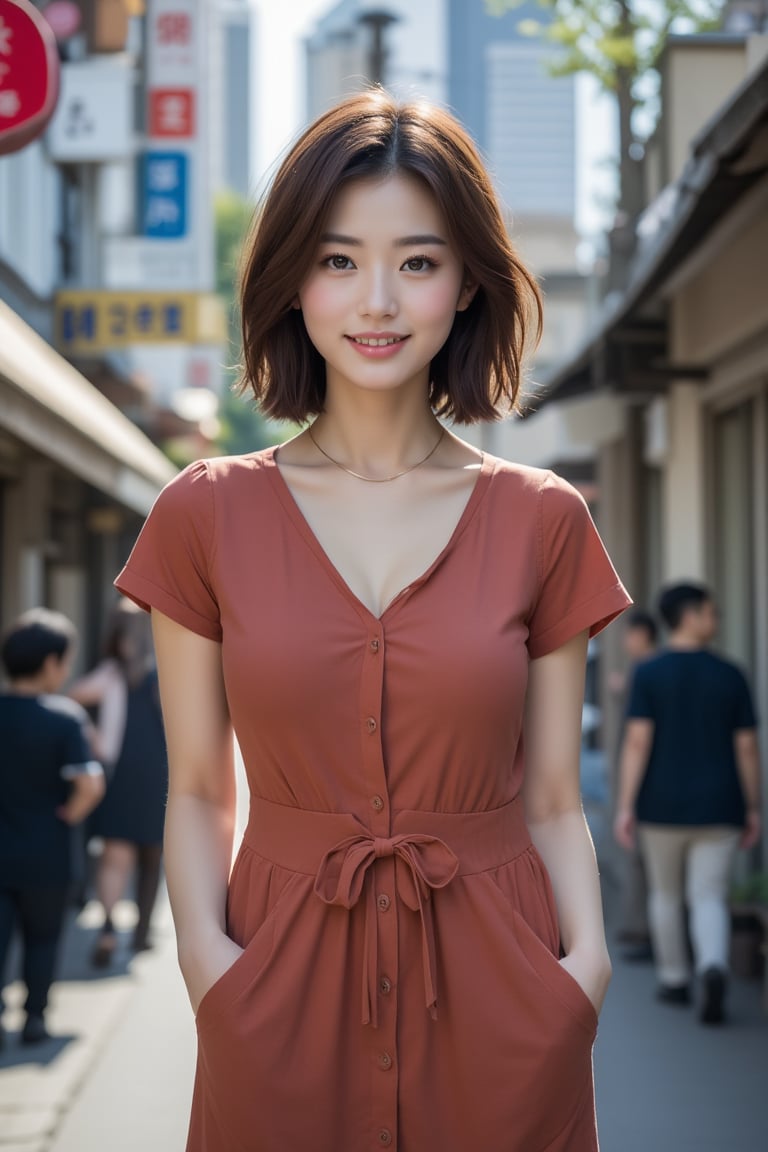 Full-body portrait. A stunning Beautiful Japanese woman, 24 years old, poses outdoors amidst a vibrant street scene. Her short brown hair is styled effortlessly, framing her expressive eyes and detailed facial features. A charming smile plays on her lips as she wears a short-sleeve dress with necklace. Pale skin glows under the bright sunlight, showcasing lifelike rendering. She stands confidently, surrounded by urban textures and architectural details, with a modern street style outfit that complements her slender, busty physique.