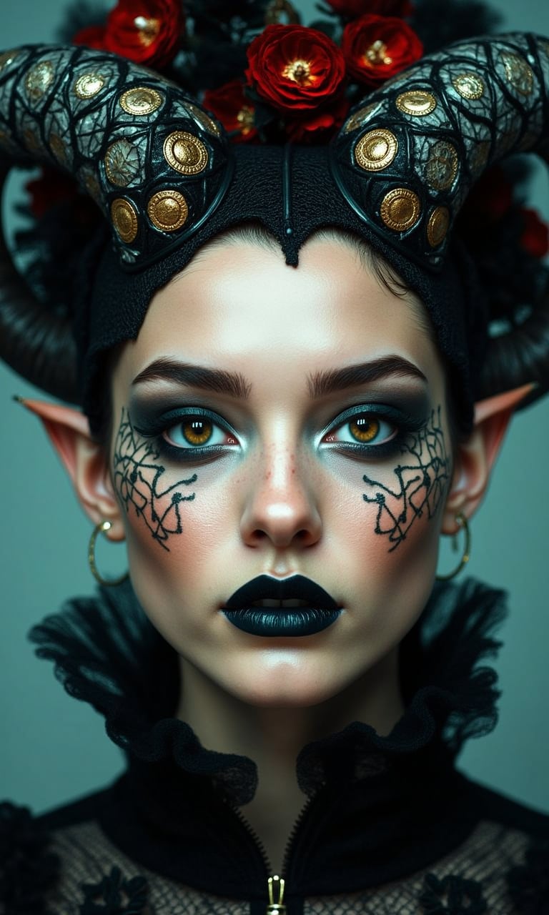 A strikingly close up portrait of a beautiful young european woman is adorned with large, hazel eyes, slate grey horns with gold ornements that sweep majestically from her head, contrasting with her flawless, porcelain skin with intricate face tattoos. Her pointy ears add a mystical touch to her appearance, intricate black lace headdress,featuring circular floral patterns interwoven with red chrisanthemum. Her face is bold with dark dramatic, blue eyeshadow, intricate embroidery black solid powder makeup, black lips, highlighting her sharp features and giving her an intense, enchanting aura. She is wearing dark embroidery Gothic clothes, hayv kahraman style, Bokeh, Rust teal background,anime art of girl/woman
