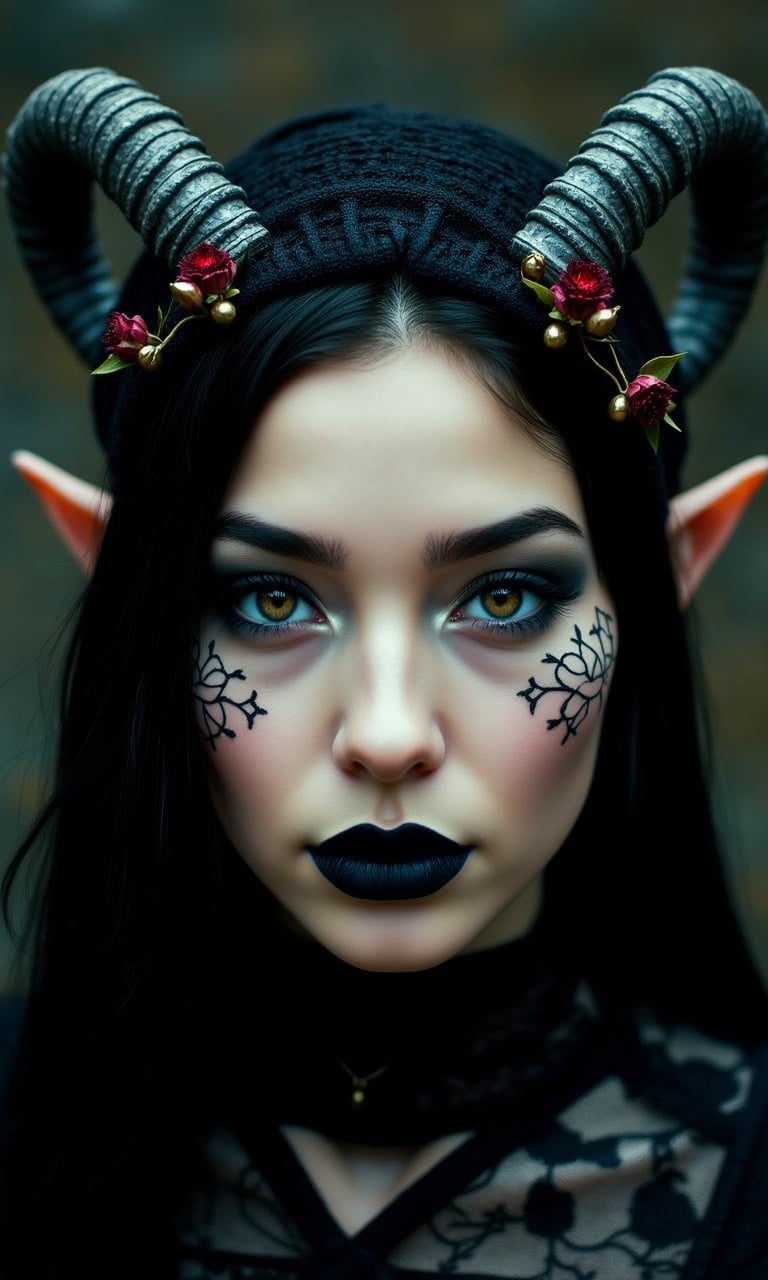 A strikingly close up portrait of a beautiful young european woman is adorned with large, hazel eyes, slate grey horns with gold ornements that sweep majestically from her head, contrasting with her flawless, porcelain skin with intricate face tattoos. Her pointy ears add a mystical touch to her appearance, intricate black lace headdress,featuring circular floral patterns interwoven with red chrisanthemum. Her face is bold with dark dramatic, blue eyeshadow, intricate embroidery black solid powder makeup, black lips, highlighting her sharp features and giving her an intense, enchanting aura. She is wearing dark embroidery Gothic clothes, hayv kahraman style, Bokeh, Rust teal background,anime art of girl/woman
