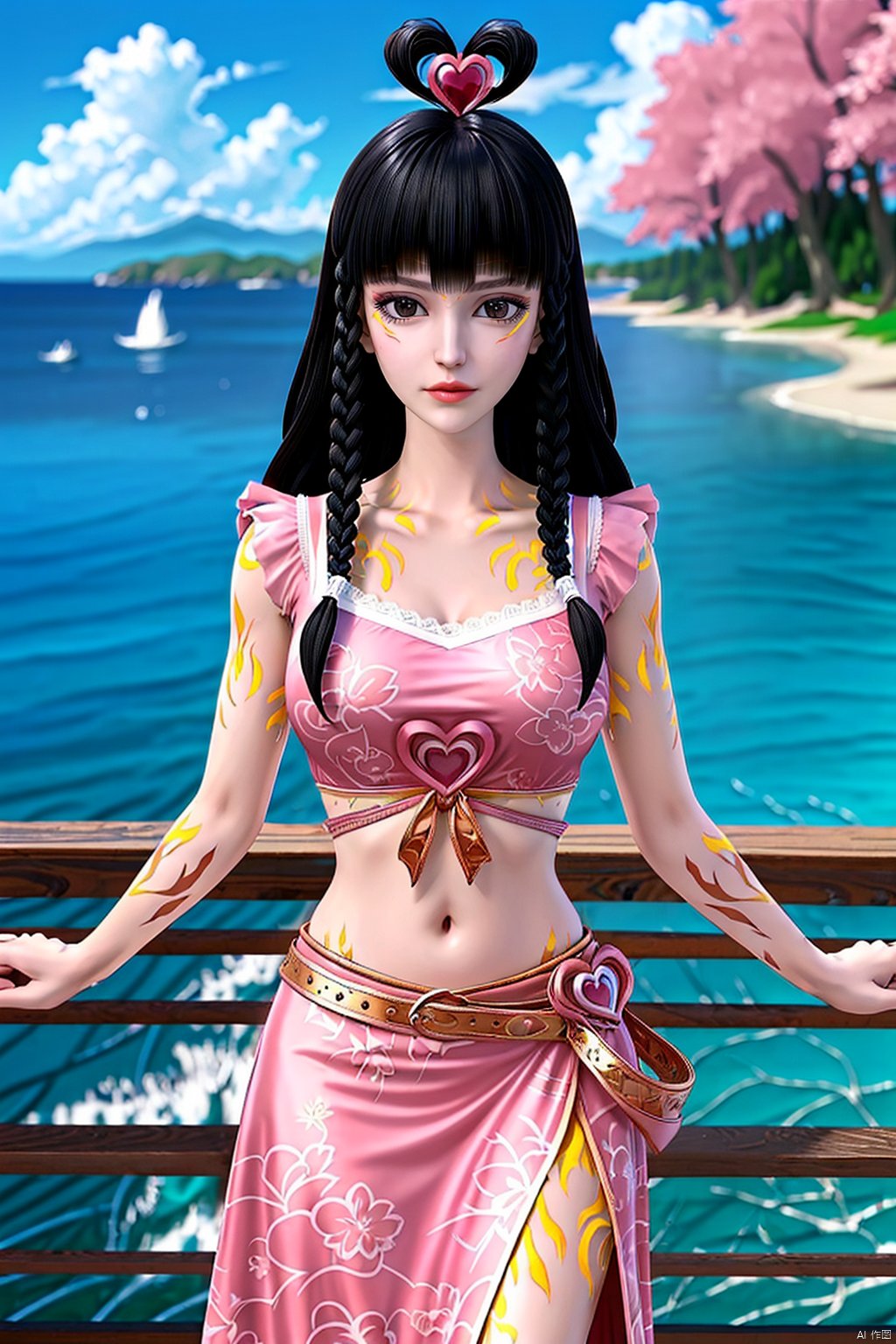 masterpiece,best quality,official art,extremely detailed CG unity 8k wallpaper, masterpiece, best quality,facepaint,1girl,Orange Tattoo All Over,acial imprint,orange facial imprint,,love shaped headwear,long hair,twin braids,,pink dress,navel,hair ornament,tattoo,Cherry Blossoms,day,outdoors,water,looking at viewer,Blue sky and white clouds