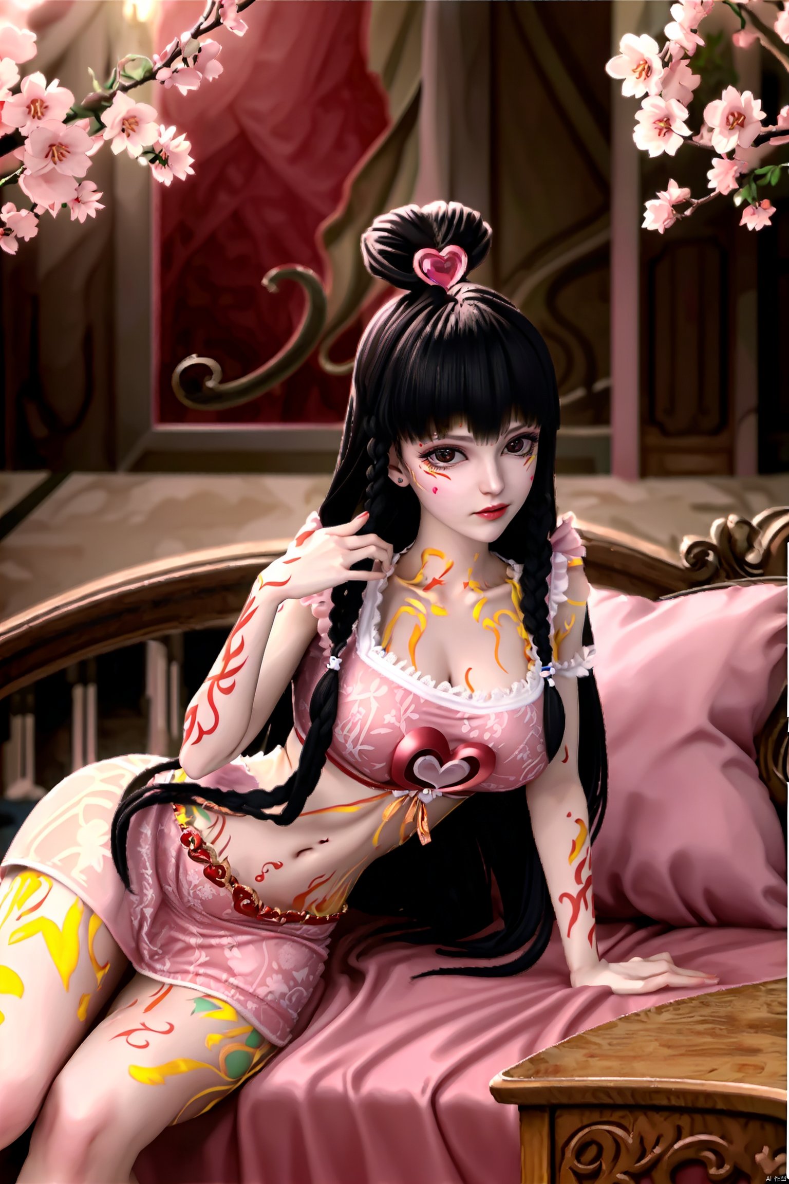 masterpiece,best quality,official art,extremely detailed CG unity 8k wallpaper, masterpiece, best quality,facepaint,1girl,Orange Tattoo All Over,acial imprint,orange facial imprint,,love shaped headwear,long hair,twin braids,,pink dress,navel,hair ornament,tattoo,Cherry Blossoms,indoors,looking at viewer,Thin legs,sitting