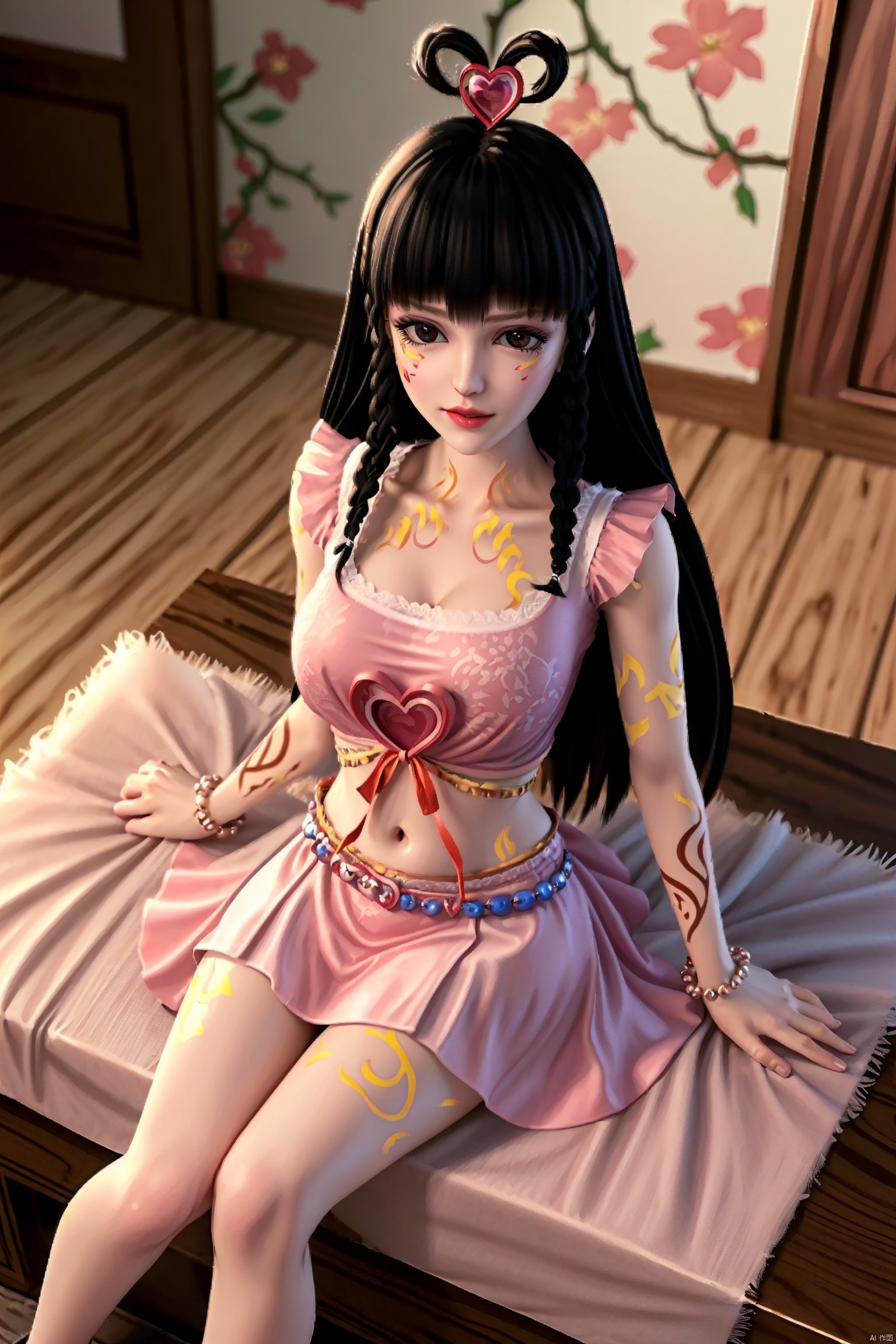 masterpiece,best quality,official art,extremely detailed CG unity 8k wallpaper, masterpiece, best quality,facepaint,1girl,Orange Tattoo All Over,acial imprint,orange facial imprint,,love shaped headwear,long hair,twin braids,,pink dress,navel,hair ornament,tattoo,Cherry Blossoms,indoors,looking at viewer,Thin legs,sitting,happiness,from above