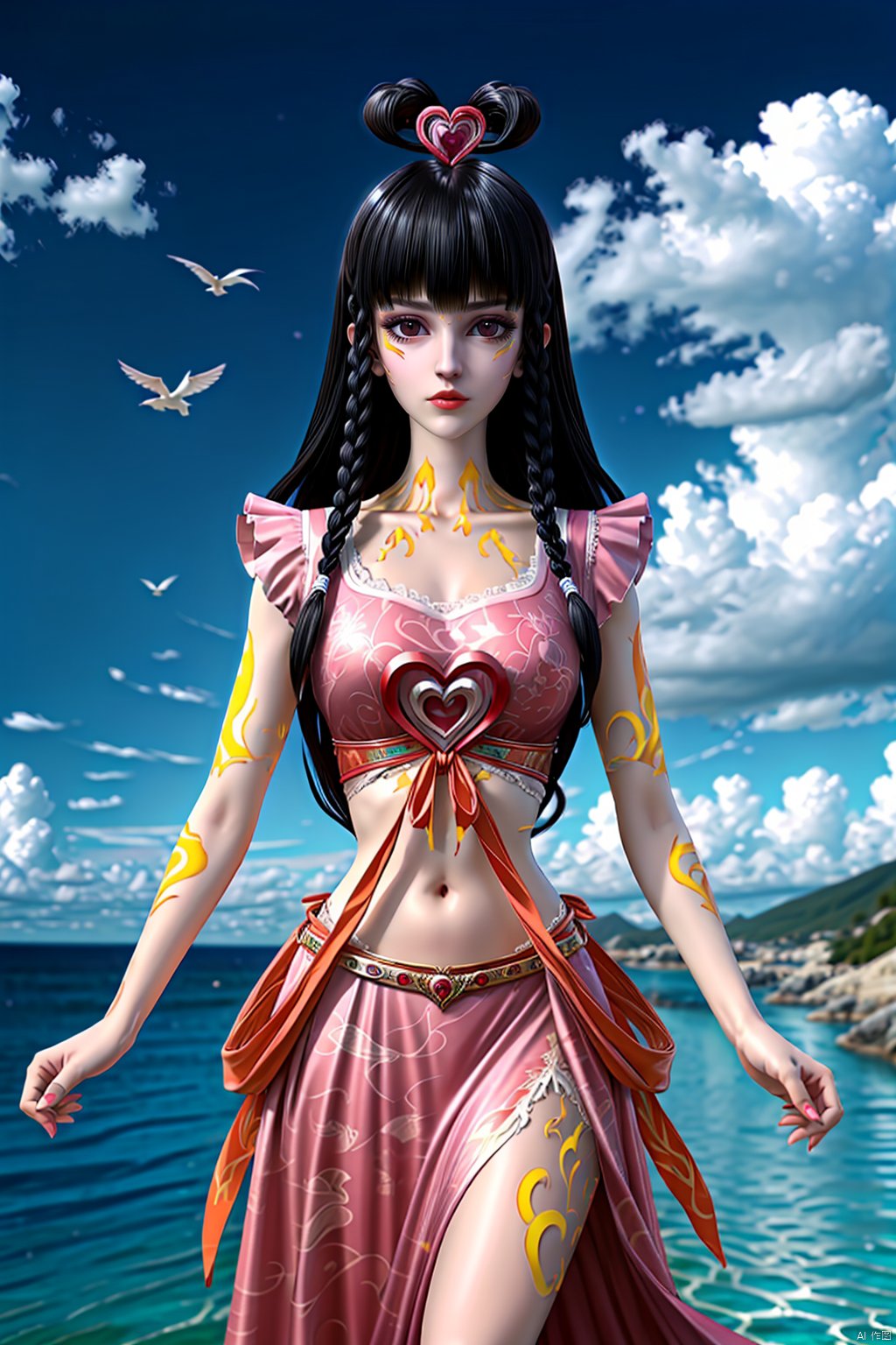 masterpiece,best quality,official art,extremely detailed CG unity 8k wallpaper, masterpiece, best quality,facepaint,1girl,Orange Tattoo All Over,acial imprint,orange facial imprint,,love shaped headwear,long hair,twin braids,,pink dress,navel,hair ornament,tattoo,Cherry Blossoms,day,outdoors,water,looking at viewer,Blue sky and white clouds