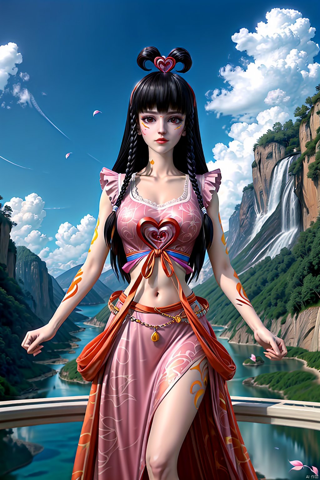 masterpiece,best quality,official art,extremely detailed CG unity 8k wallpaper, masterpiece, best quality,facepaint,1girl,Orange Tattoo All Over,acial imprint,orange facial imprint,,love shaped headwear,long hair,twin braids,,pink dress,navel,hair ornament,tattoo,Cherry Blossoms,day,outdoors,water,looking at viewer,Blue sky and white clouds