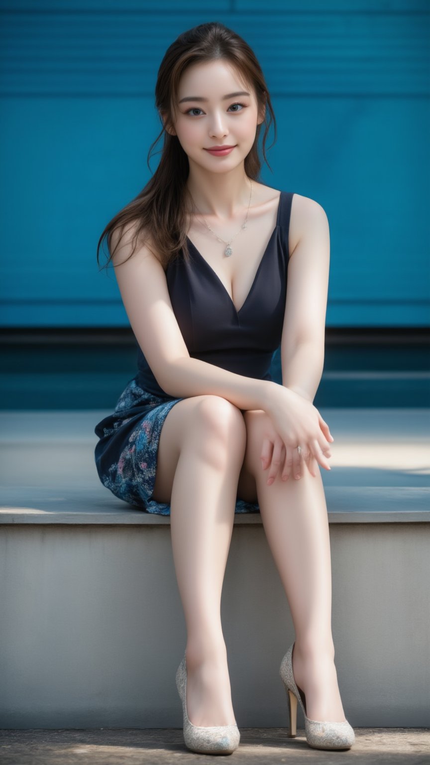 a young Asian woman is seated on a concrete wall, her legs crossed in front of her. She is wearing a sleeveless dress, and paired of stilettos pumps, adorned with a necklace with a diamond charm. Her hair is pulled back in a ponytail, adding a touch of movement to her face. The backdrop is a vibrant shade of blue, with a pool of water in the background. The lighting is subdued, creating a sharp focus on the scene.