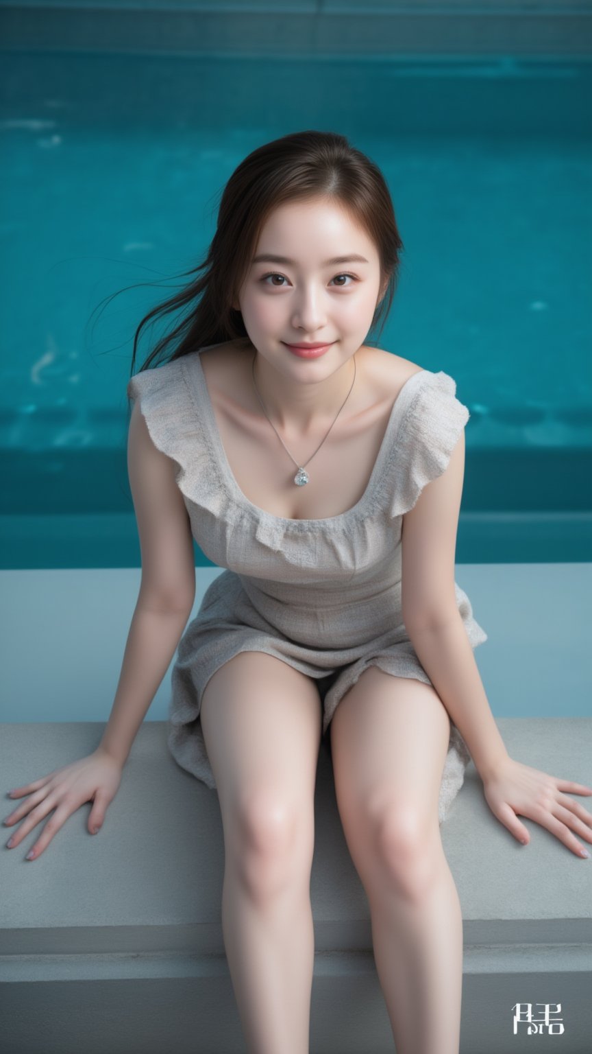 a young Asian woman is seated on a concrete wall, hands on side, her slender legs crossed in front of her. She is wearing a sleeveless dress, and paired of pumps, adorned with a necklace with a diamond charm. Her hair is pulled back in a ponytail, adding a touch of movement to her charming smile face. The backdrop is a vibrant shade of blue, with a pool of water in the background. The lighting is subdued, creating a sharp focus on the scene.