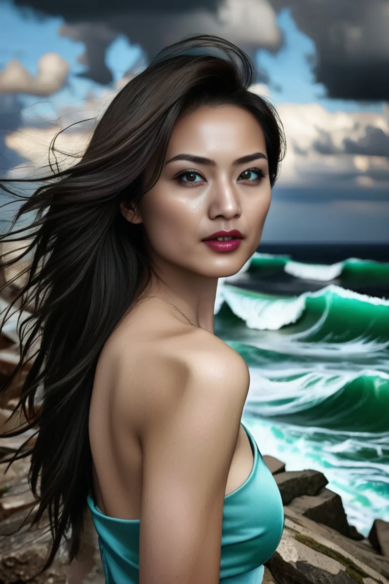 A portrait of a woman with strikingly green eyes, her hair flowing in the wind. She stands on a cliffside overlooking the ocean, with the waves crashing below. The background is a dramatic seascape, with storm clouds gathering. The lighting casts her face in sharp relief, emphasizing her strong features and determined expression. Shot with a cinematic filter for added drama.