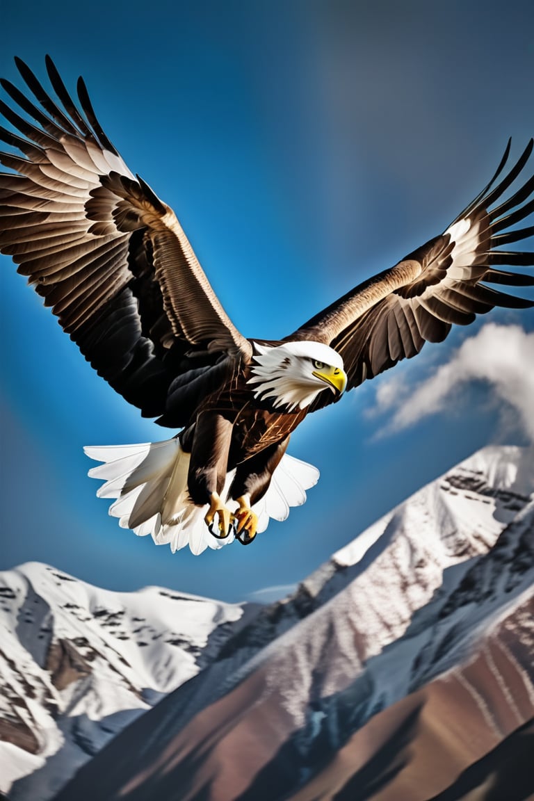 A majestic bald eagle soaring above a mountain range, its wings spread wide. The background consists of snow-capped peaks and a crystal-clear blue sky. The sunlight glints off the eagle’s feathers, creating a stunning contrast against the distant mountains. Captured with a high-speed camera to freeze the motion perfectly.