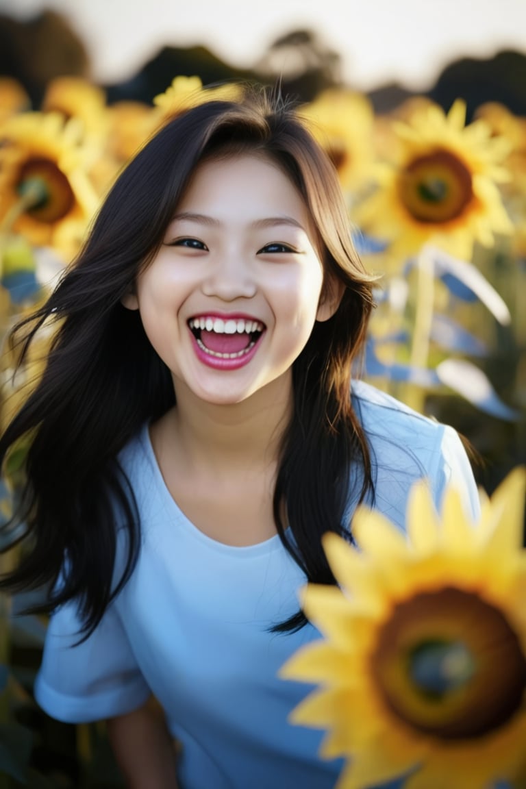 A dynamic portrait of a young girl laughing, her face full of joy. She is surrounded by a field of sunflowers, the bright yellow petals contrasting with her dark hair. The sunlight creates a warm, golden glow that envelops the scene, emphasizing the happiness and carefree nature of the moment. Captured with a fast shutter speed to freeze her movement perfectly.





