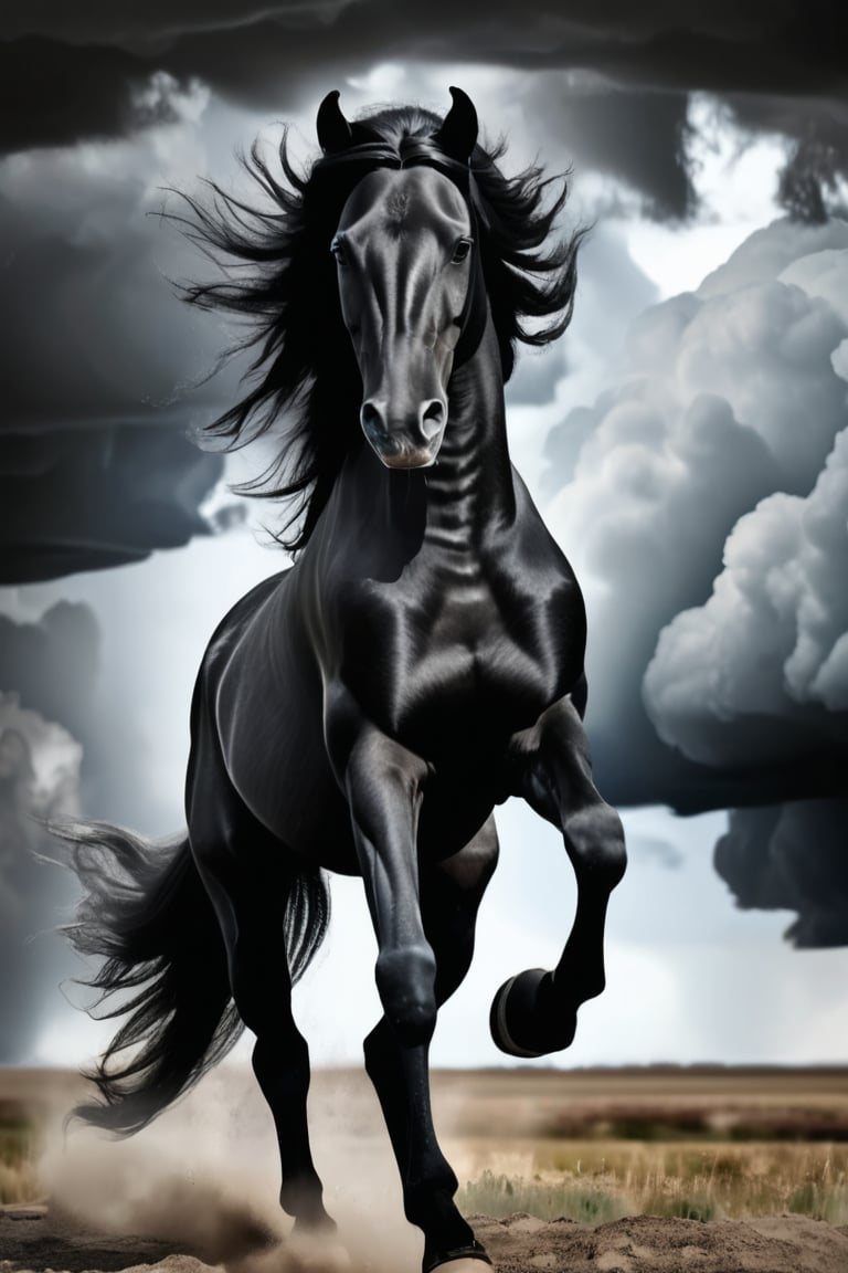 A powerful portrait of a black stallion rearing up on its hind legs, its mane flowing in the wind. The background is a stormy plain, with dark clouds looming overhead. The lighting highlights the horse’s muscular build and the intensity of its movement. Photographed with a high contrast to accentuate the drama of the moment.



