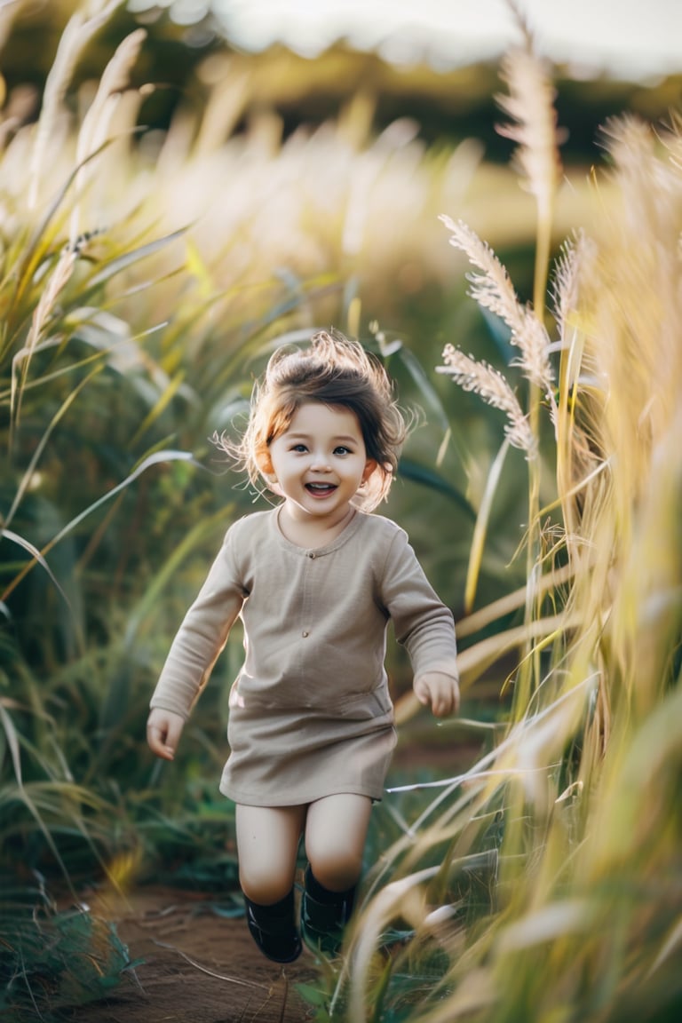 A candid portrait of a child playing in a field, captured with a 24-70mm zoom lens set to 35mm. The natural light enhances the golden tones of the scene, with the child’s joyful expression sharply in focus. The background, a field of tall grass, is softly blurred to highlight the movement and spontaneity of the moment. Shot using a Nikon Z7 II, with settings optimized for motion.








