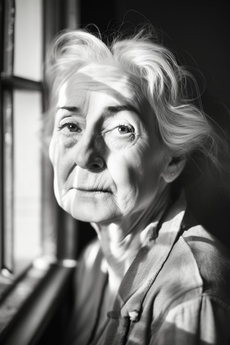 A high-contrast black-and-white portrait of an elderly woman with deep-set wrinkles, taken with a Leica M10 using a 90mm Summicron lens. The monochrome treatment emphasizes the texture of her skin and the depth of her gaze. The background is kept simple, with soft light coming from a single window to create dramatic shadows on her face.







