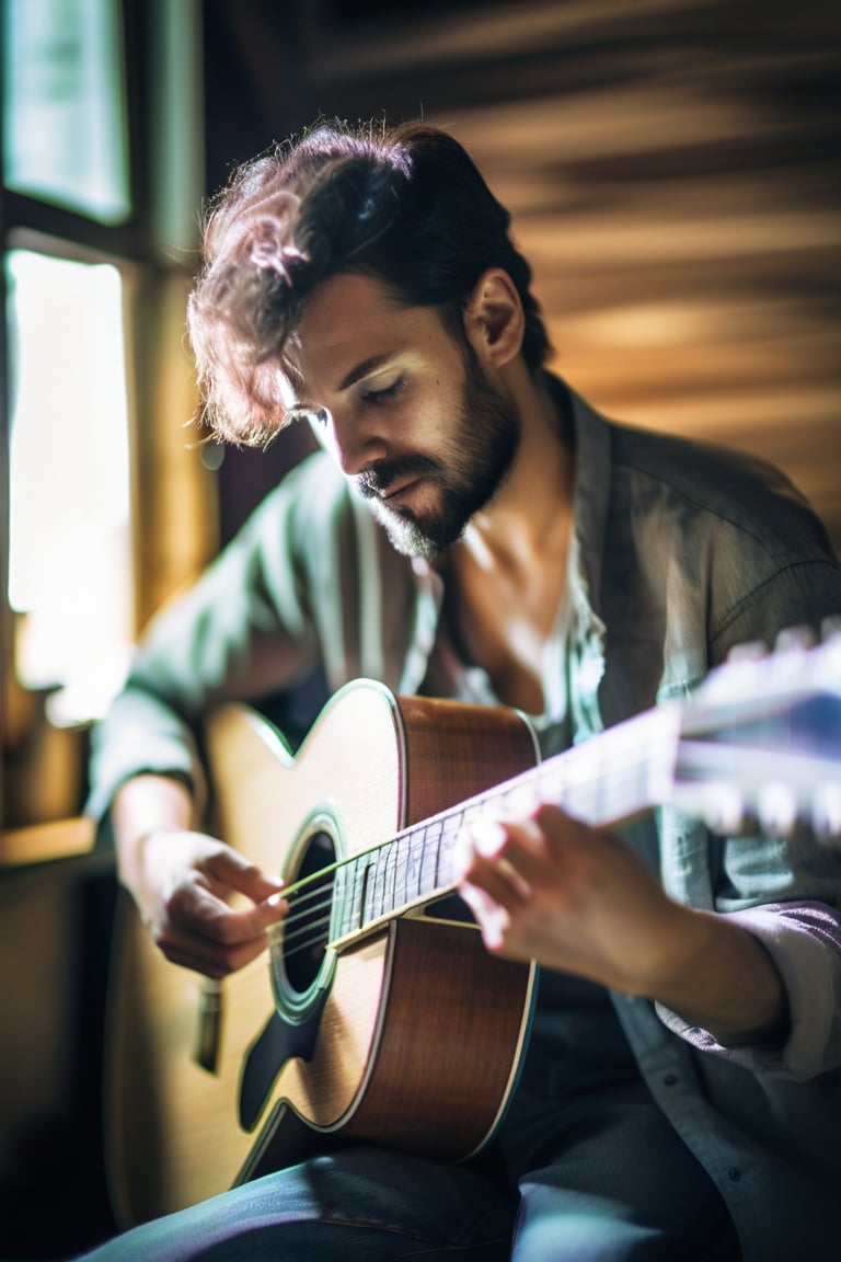 A portrait of a musician playing a guitar in a dimly lit room, shot with an 85mm f/1.2 lens. The wide aperture allows for a shallow depth of field, making the musician’s face and hands the focal points while the rest of the scene fades into a soft blur. The warm, moody lighting creates an intimate atmosphere, with the guitar strings and wood grain captured in fine detail.









