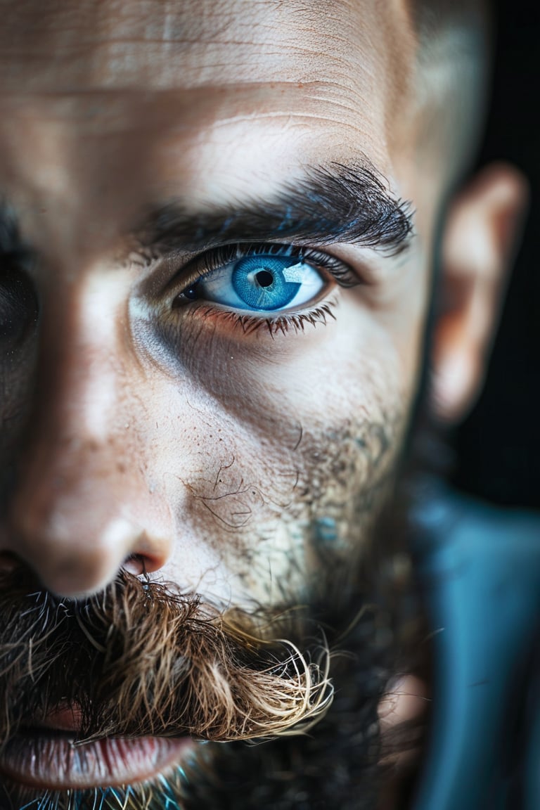 A detailed close-up of a bearded man with piercing blue eyes, taken with a 100mm macro lens. The focus is on the man’s eyes, with the rest of the face slightly blurred to draw attention to their intensity. The background is a dark, out-of-focus studio setting, allowing the subject to stand out dramatically. The image is captured in high-resolution, with every detail of the man’s beard visible.




