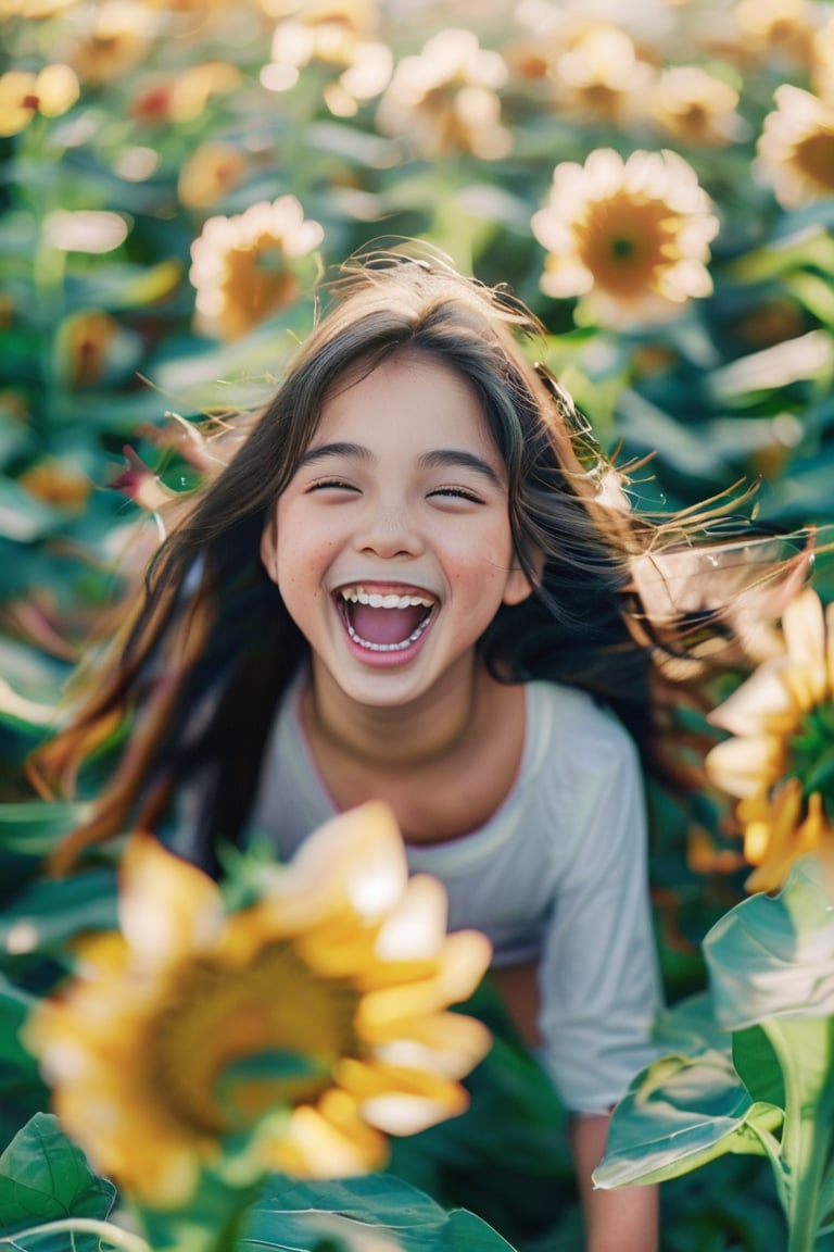 A dynamic portrait of a young girl laughing, her face full of joy. She is surrounded by a field of sunflowers, the bright yellow petals contrasting with her dark hair. The sunlight creates a warm, golden glow that envelops the scene, emphasizing the happiness and carefree nature of the moment. Captured with a fast shutter speed to freeze her movement perfectly.

