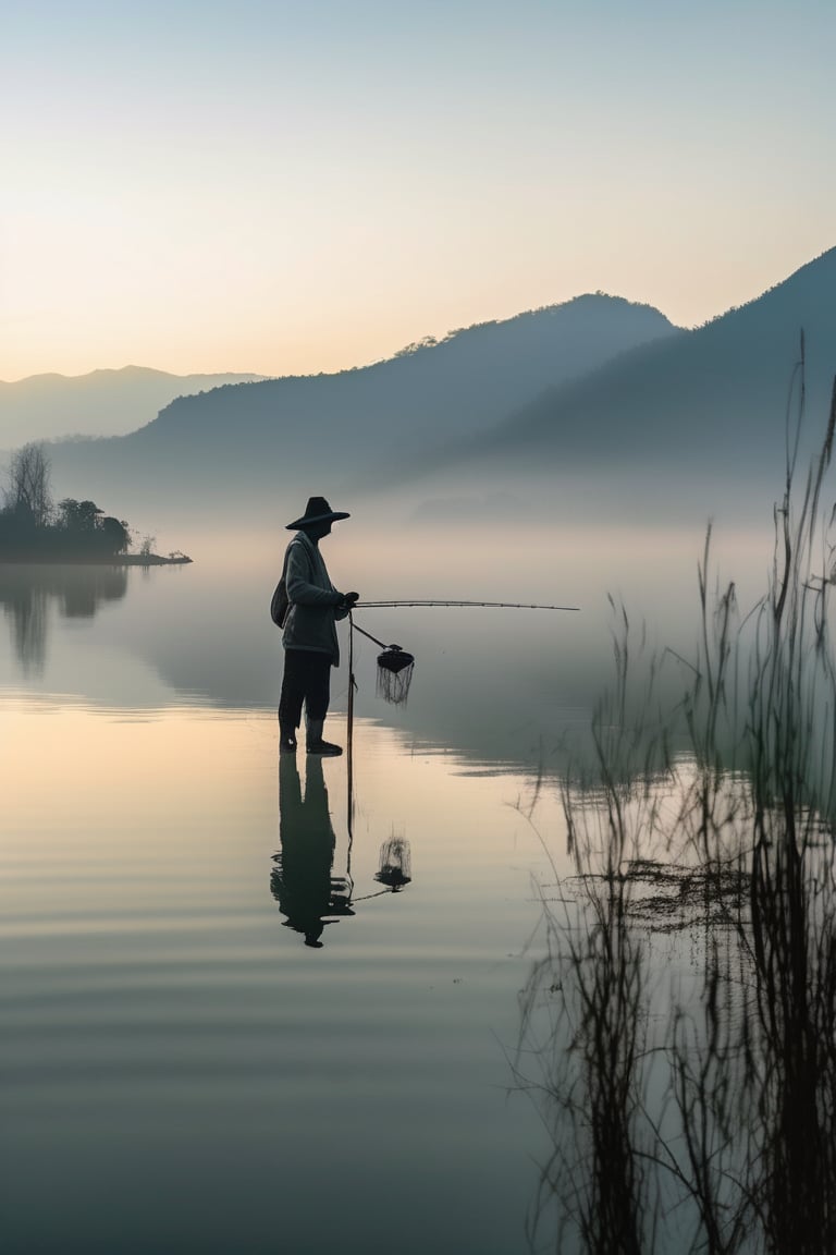 An environmental portrait of a fisherman standing by a misty lake at dawn, taken with a 70-200mm telephoto lens. The lens compresses the background, bringing the distant mountains closer to the subject. The fisherman’s weathered face and the ripples in the water are captured in exquisite detail, with the soft morning light adding a serene quality to the scene.






