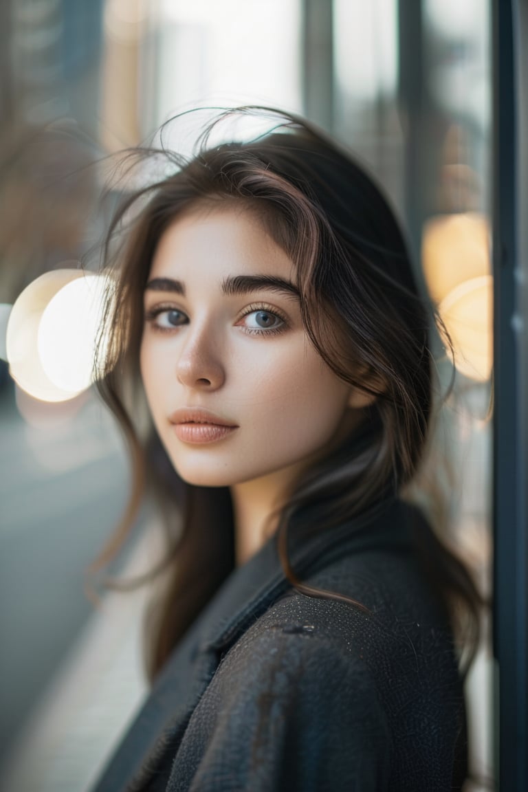 A sharp portrait of a young woman with soft, diffused lighting on her face, captured using a 50mm prime lens at f/1.4. The shallow depth of field isolates her from the slightly blurred urban background, creating a bokeh effect. The image is rich in detail, highlighting her natural features and the subtle texture of her skin. Shot with a Canon EOS R5.



