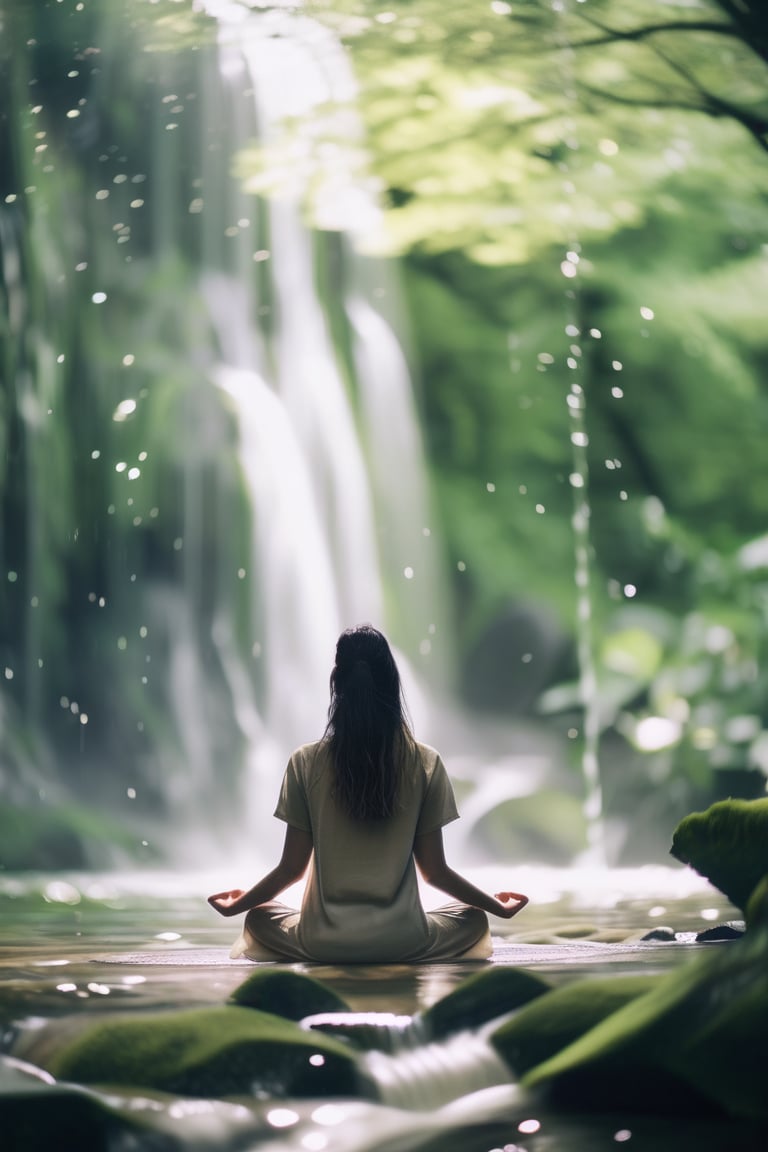 A serene portrait of a woman meditating by a waterfall, captured with a 35mm f/1.8 lens. The wide aperture allows for a soft, dreamy background while keeping the woman’s tranquil expression in sharp focus. The natural light filtering through the trees adds a magical quality to the scene, with the water droplets caught in mid-air, creating a sense of peace and balance.











