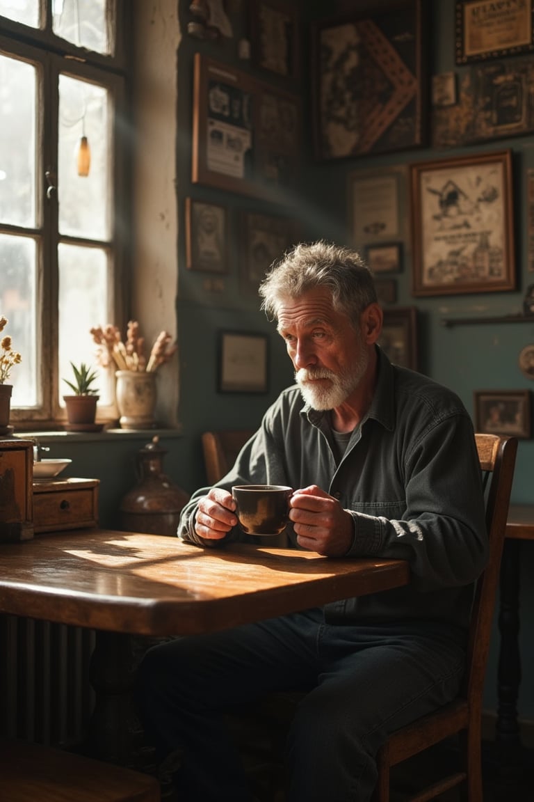 A man sits alone at a small, rustic cafe, surrounded by worn wooden tables and chairs. The morning sunlight streams through the large windows, casting a warm glow on his weathered face as he holds a steaming cup of black coffee in one hand. His eyes are cast downward, lost in thought as he takes a slow sip.