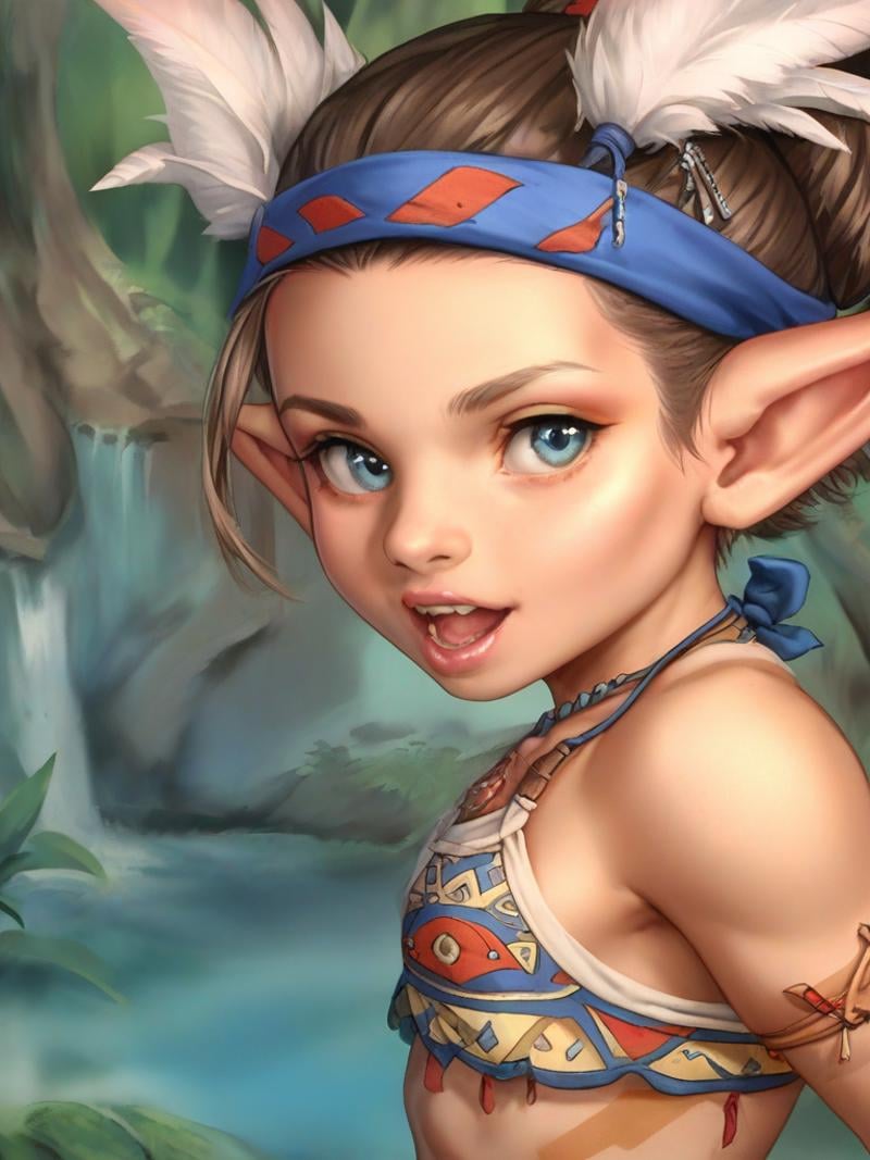 <lora:tangbohu-pony-real-v2:0.8>,score_9,score_8_up,score_7_up,rating_questionable,fantasy,cinematic lighting,1 girl,solo,cute,(short:1.2),small body,(shortstack:1.1),goblin,tribal clothing,chibi,hair ornament,jungle,high angle,looking at viewer,tribal body paint,feather neckwear,headband,close-up,head tilt,headshot portrait,side view,mouth open,