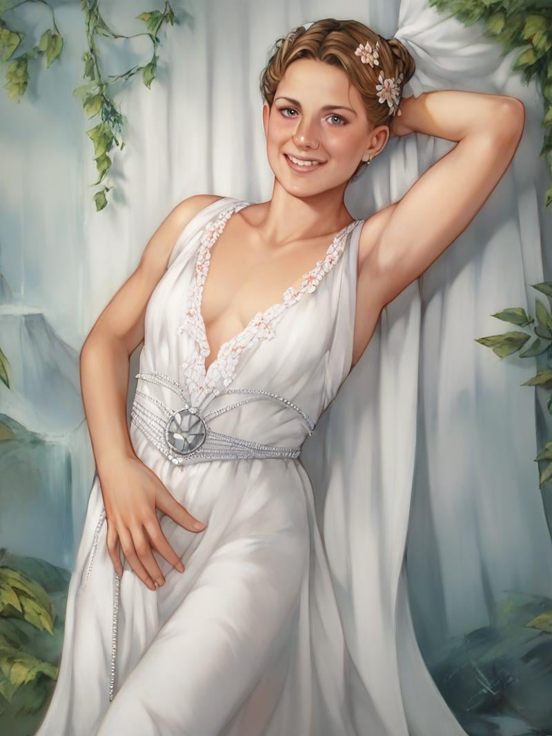 <lora:tangbohu-pony-real-v2:0.8>,score_9,score_8,score_7,score_6,Luke Skywalker,Leia Organa,Han Solo,arm in arm,smiling,ceremony clothes,white dress,up-do,jewelry,