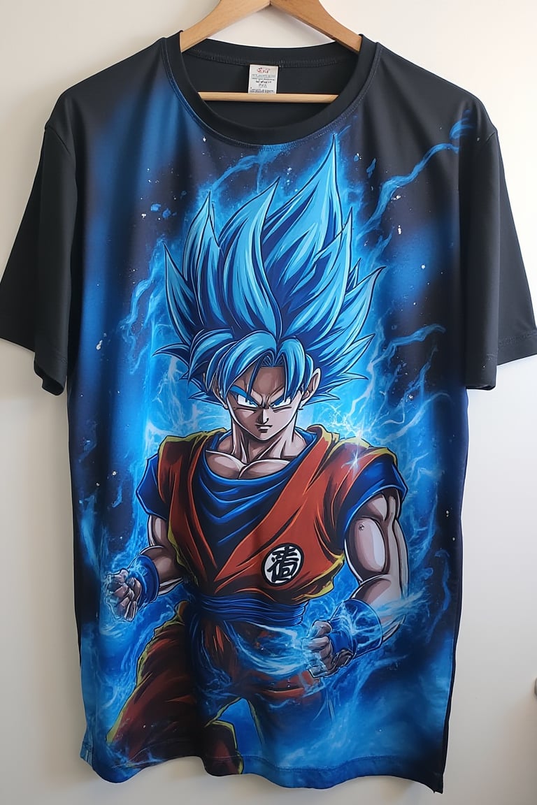 T-shirt,super sayian blue goku design,(masterpiece), best quality,looking from a distance, score_9_up, score_8_up,score_7_up