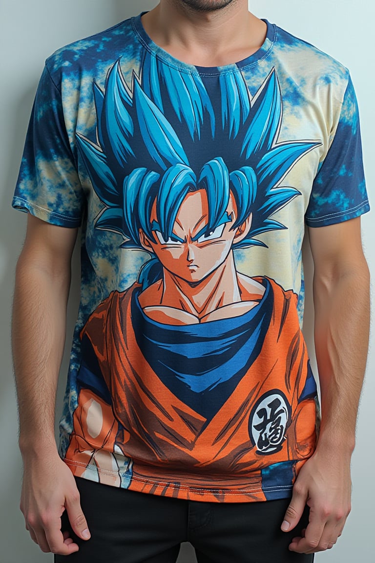 T-shirt,super sayian blue goku design,(masterpiece), best quality,looking from a distance, score_9_up, score_8_up,score_7_up