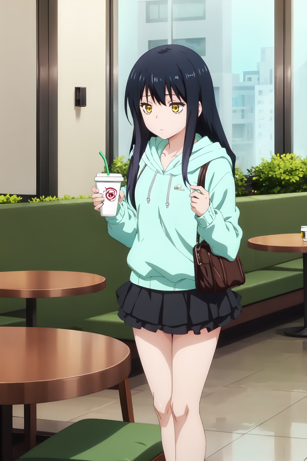 Miko Yotsuya, (8k, HD), 1girl, solo, long hair, skirt, black hair, long sleeves, standing, yellow eyes, indoors, hood, miniskirt, black skirt, bag, cup, hoodie, chair, table, hood down, drinking straw, handbag, disposable cup, cafe, green hoodie