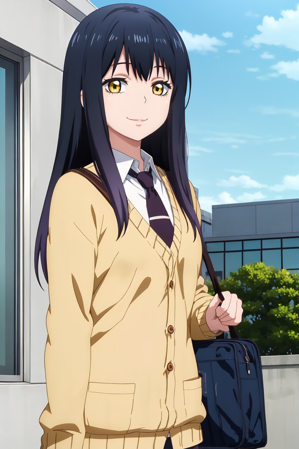 Miko Yotsuya, (8k, HD), 1girl, solo, long hair, looking at viewer, smile, black hair, school uniform, yellow eyes, upper body, necktie, bag, sweater, window, cardigan, school bag, blue necktie, fake screenshot