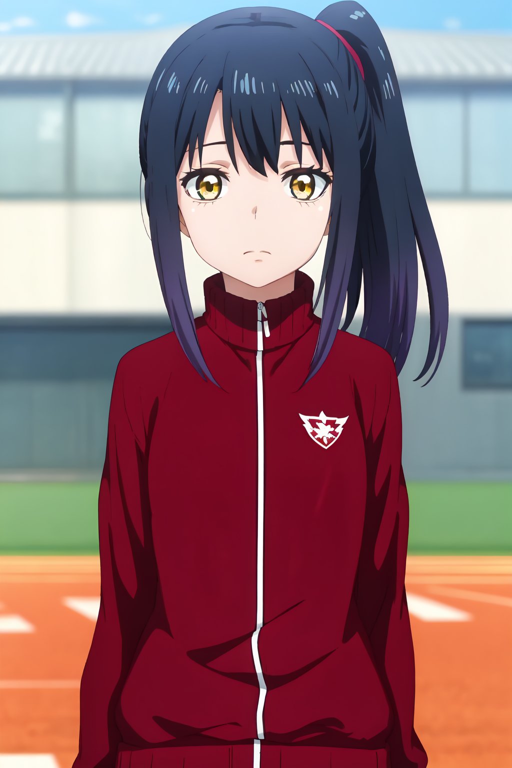 Miko Yotsuya, (8k, HD), 1girl, solo, long hair, black hair, closed mouth, blue hair, red jacket, yellow eyes, upper body, ponytail, blurry, blurry background, track jacket, track suit, looking_at_viewer