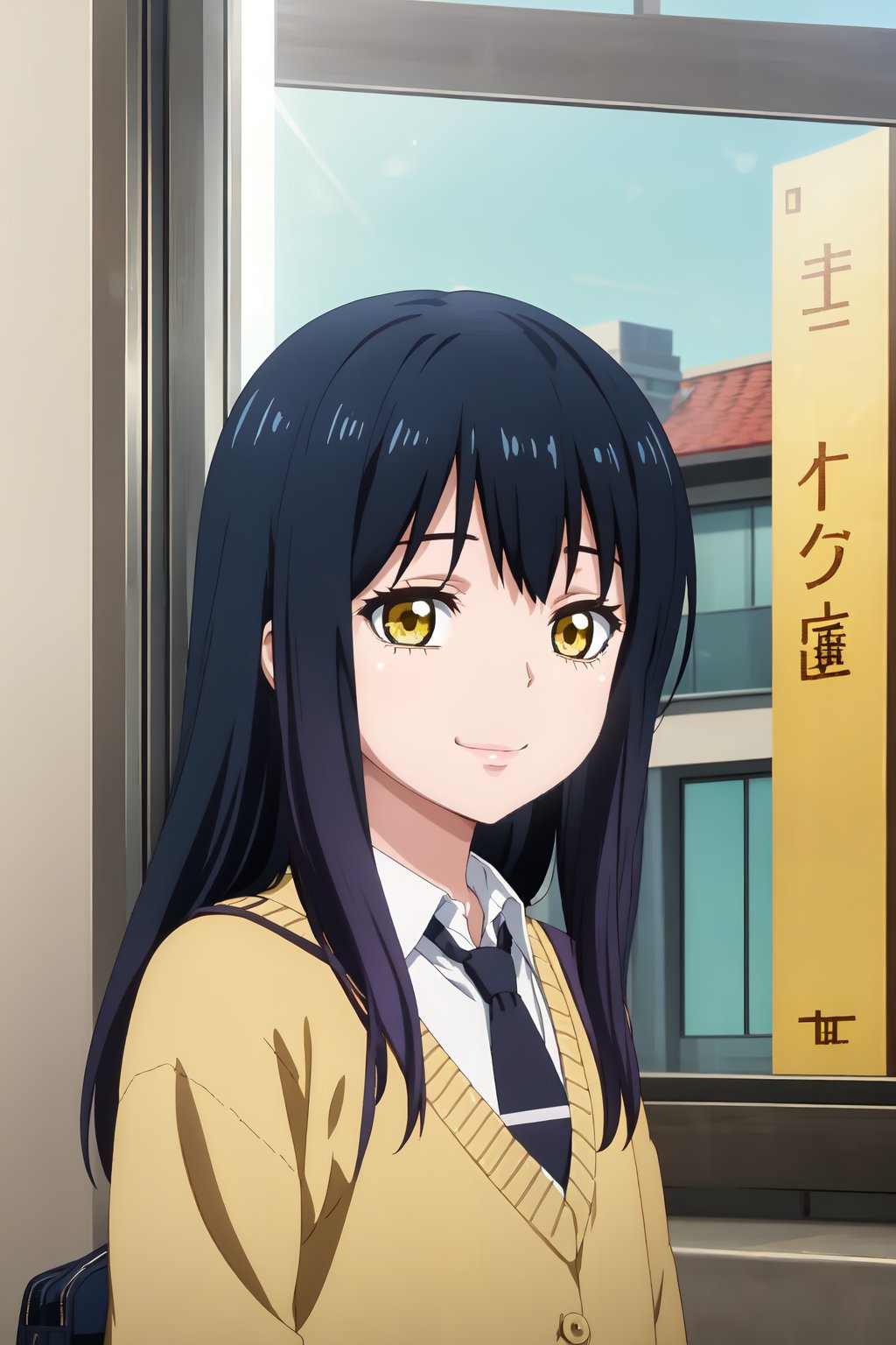 Miko Yotsuya, (8k, HD), 1girl, solo, long hair, looking at viewer, smile, black hair, school uniform, yellow eyes, upper body, necktie, bag, sweater, window, cardigan, school bag, blue necktie, fake screenshot