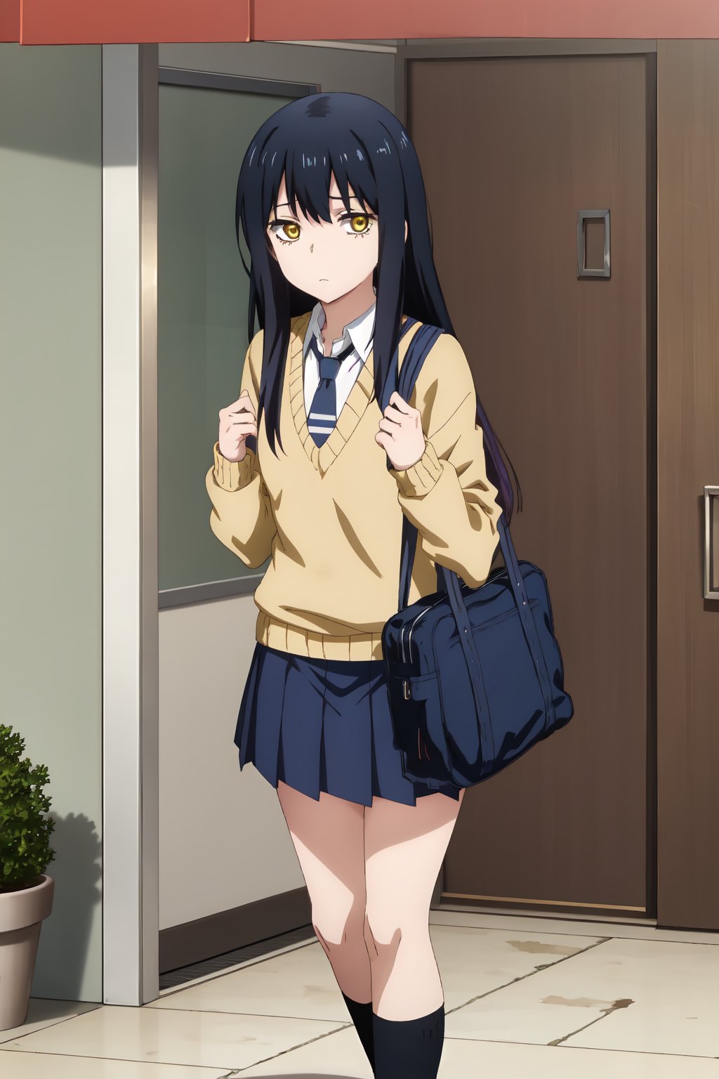 Miko Yotsuya, (8k, HD), 1girl, solo, long hair, skirt, black hair, school uniform, yellow eyes, pleated skirt, necktie, miniskirt, bag, sweater, blue skirt, shaded face, school bag, ghost, shoulder bag, door, looking_at_viewer