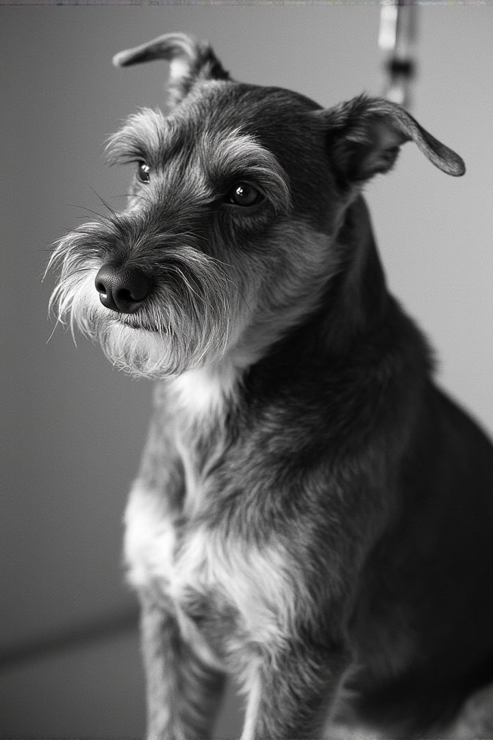 a scotish terrier dog, black&white, grayscale, 400 ISO film, analog photo, film grain,400OldMemories