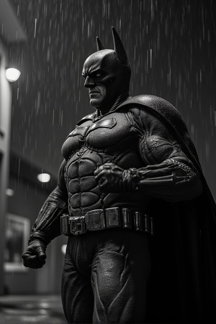 old man dressed as batman, muscled, hi-tech armoured, scarred, gritted teeth, fighting pose, raining, outdoors, at night, epic photo, black&white, grayscale, 400 ISO film, analog photo, film grain,400OldMemories