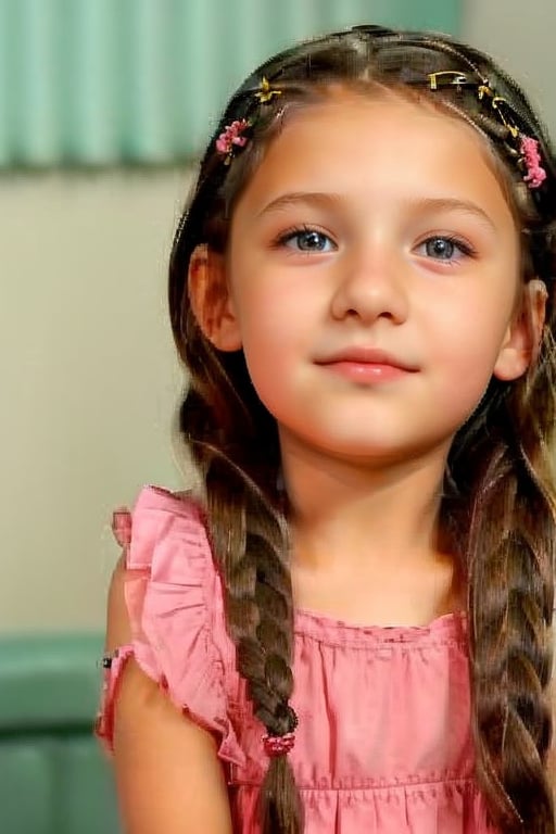 very scared,little girl, (6 years old), with makeup, with braids , ,M4R14 R3B3C4