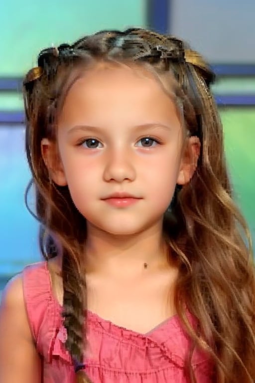 very scared,little girl, (6 years old), with makeup, with braids , ,M4R14 R3B3C4