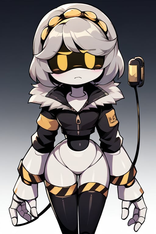 2D, score_9, score_8_up, score_7_up, BREAK, 1girl, solo,sdV, Grey Hair, Yellow Eyes, Robot, Visor, Tail, Black Jacket, Fur Trim, Thighhighs,