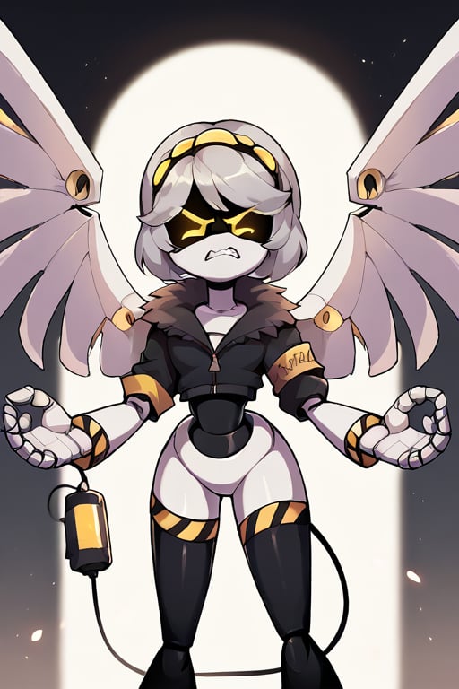 2D, score_9, score_8_up, score_7_up, BREAK, 1girl, solo,sdV, Grey Hair, Yellow Eyes, Robot, Visor, Tail, wings, Black Jacket, Fur Trim, Thighhighs, angry,