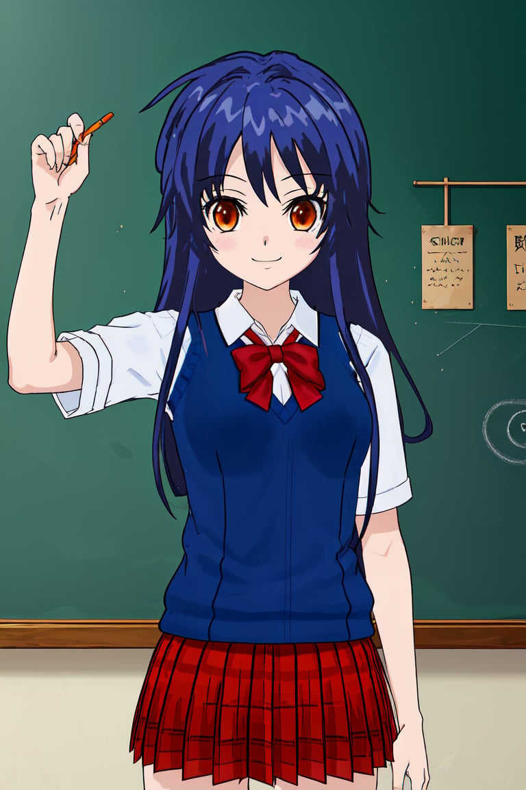 1girl, cowboy shot, standing, long hair, blue hair, (sidelocks:1.3), school uniform, red plaid skirt, (blue sweater vest:1.2), white shirt, red bowtie, orange eyes, green blackboard, chalkboard, smile, anime style, digital art, (masterpiece), high quality, high resolution, amberly