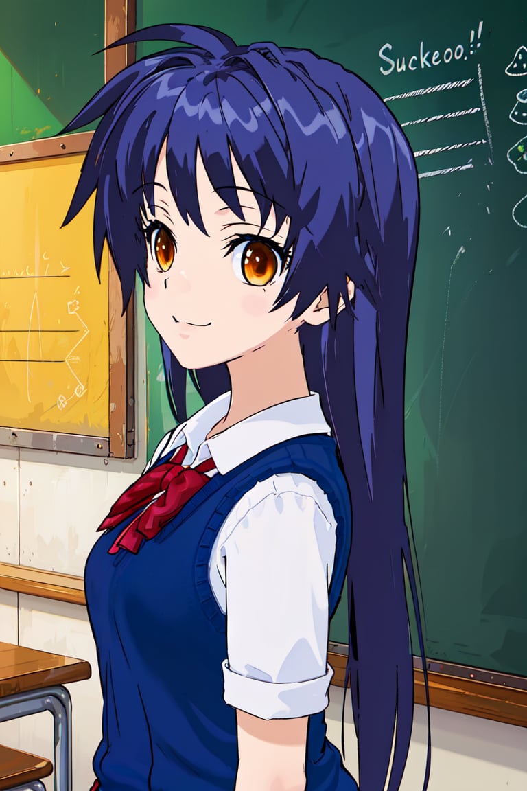 1girl, upper body, long hair, blue hair, sidelocks, school uniform, red plaid skirt, (blue sweater vest:1.2), white shirt, red bowtie, orange eyes, classroom background, green blackboard, chalkboard, smile, anime style, detailed, 2D illustration, digital art, (masterpiece), high quality, high resolution, amberly, by ask