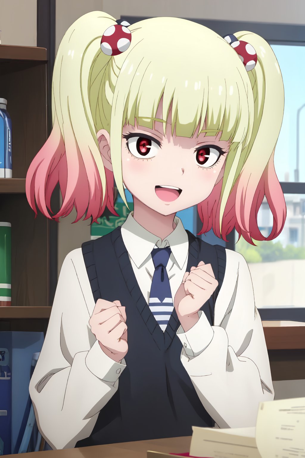 Yuria Niguredou, (8k, HD), 1girl, solo, smile, open mouth, blonde hair, shirt, red eyes, long sleeves, twintails, school uniform, white shirt, upper body, pink hair, :d, red hair, necktie, collared shirt, indoors, blunt bangs, vest, clenched hands, black vest, blue necktie