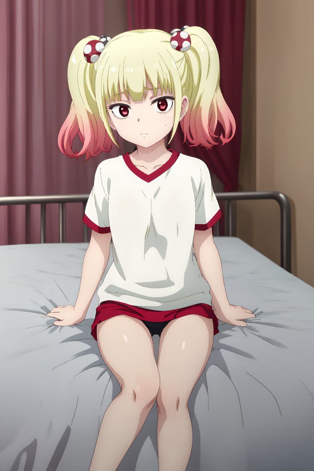 Yuria Niguredou, (8k, HD), 1girl, solo, blonde hair, shirt, hair ornament, twintails, sitting, white shirt, red hair, indoors, pillow, bed, on bed, hair bobbles, curtains, gym uniform, blanket